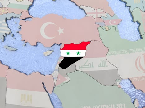Map of Syria with national flag on political globe with realistic water. 3D illustration