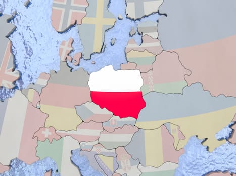 Map of Poland with national flag on political globe with realistic water. 3D illustration