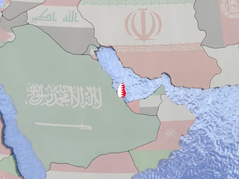 Map of Qatar with national flag on political globe with realistic water. 3D illustration