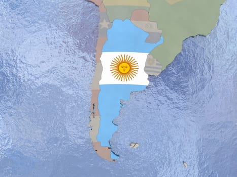 Map of Argentina with national flag on political globe with realistic water. 3D illustration