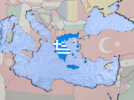 Map of Greece with national flag on political globe with realistic water. 3D illustration