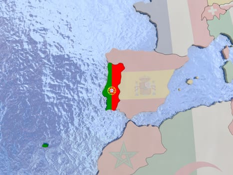 Map of Portugal with national flag on political globe with realistic water. 3D illustration