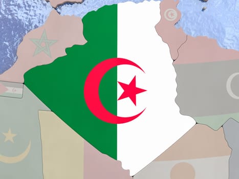 Map of Algeria with national flag on political globe with realistic water. 3D illustration