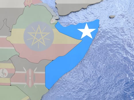 Map of Somalia with national flag on political globe with realistic water. 3D illustration