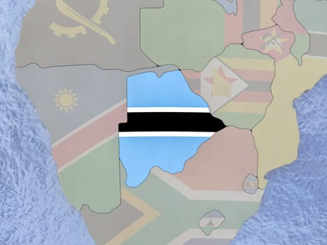 Map of Botswana with national flag on political globe with realistic water. 3D illustration