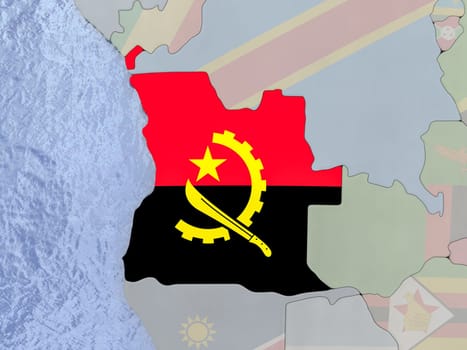 Map of Angola with national flag on political globe with realistic water. 3D illustration