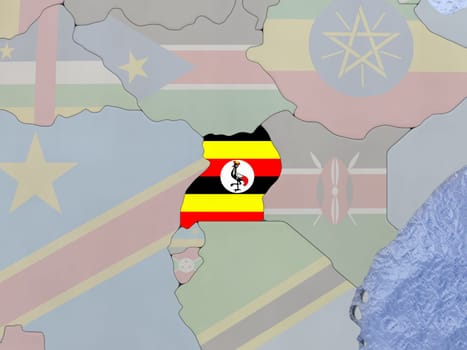 Map of Uganda with national flag on political globe with realistic water. 3D illustration