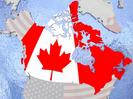 Map of Canada with national flag on political globe with realistic water. 3D illustration