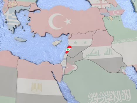 Map of Lebanwith national flag on political with national flag on political globe with realistic water. 3D illustration