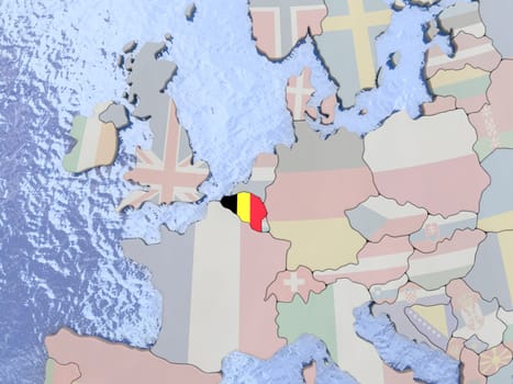 Map of Belgium with national flag on political globe with realistic water. 3D illustration