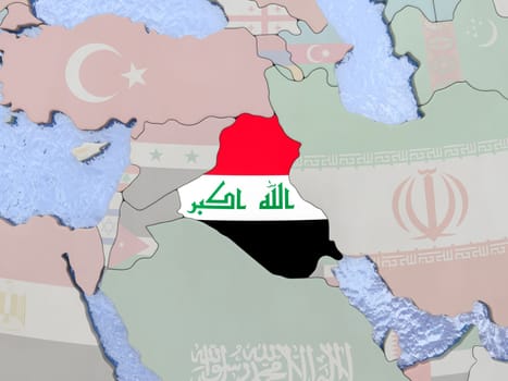 Map of Iraq with national flag on political globe with realistic water. 3D illustration