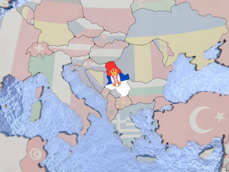 Map of Serbia with national flag on political globe with realistic water. 3D illustration