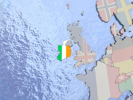 Map of Ireland with national flag on political globe with realistic water. 3D illustration