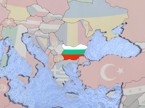 Map of Bulgaria with national flag on political globe with realistic water. 3D illustration