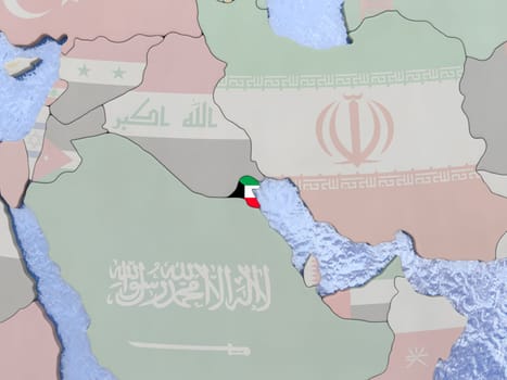 Map of Kuwait with national flag on political globe with realistic water. 3D illustration