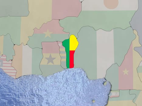 Map of Benin with national flag on political globe with realistic water. 3D illustration