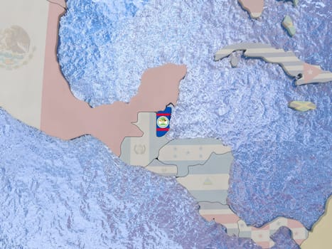 Map of Belize with national flag on political globe with realistic water. 3D illustration