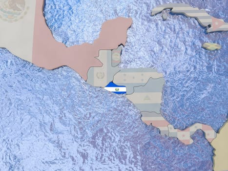 Map of El Salvador with national flag on political globe with realistic water. 3D illustration