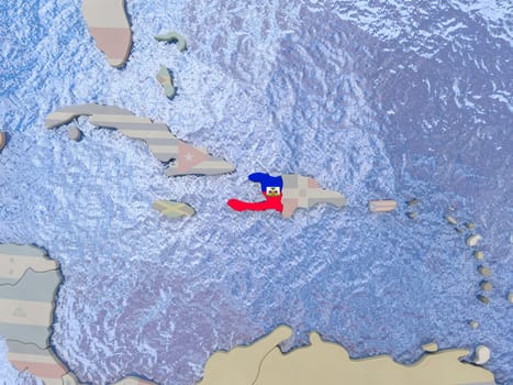 Map of Haiti with national flag on political globe with realistic water. 3D illustration