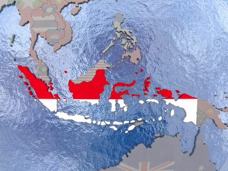 Map of Indonesia with national flag on political globe with realistic water. 3D illustration