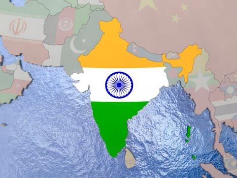 Map of India with national flag on political globe with realistic water. 3D illustration
