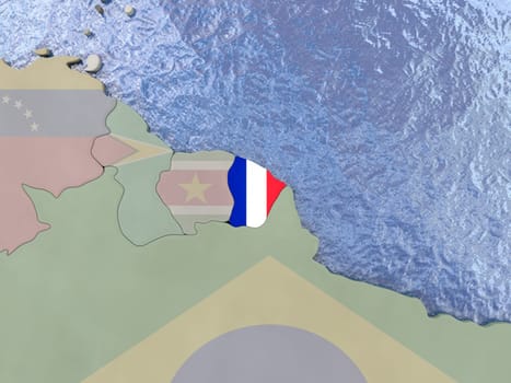 Map of French Guiana with national flag on political globe with realistic water. 3D illustration