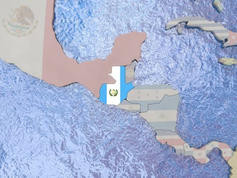 Map of Guatemala with national flag on political globe with realistic water. 3D illustration