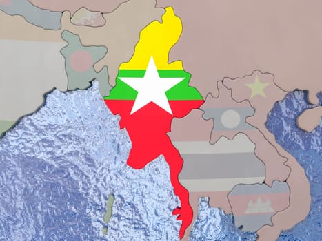 Map of Myanmar with national flag on political globe with realistic water. 3D illustration