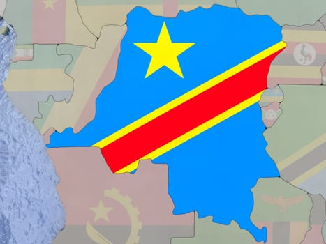 Map of Democratic Republic of Congo with national flag on political globe with realistic water. 3D illustration