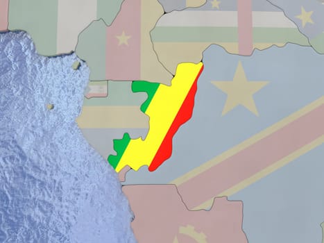 Map of Congo with national flag on political globe with realistic water. 3D illustration