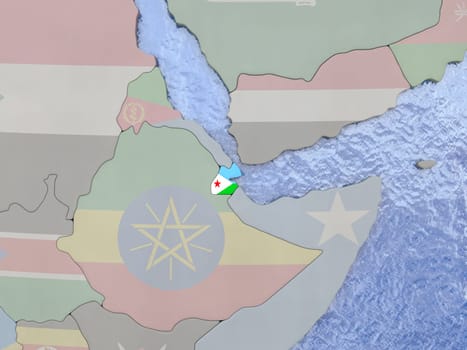 Map of Djibouti with national flag on political globe with realistic water. 3D illustration