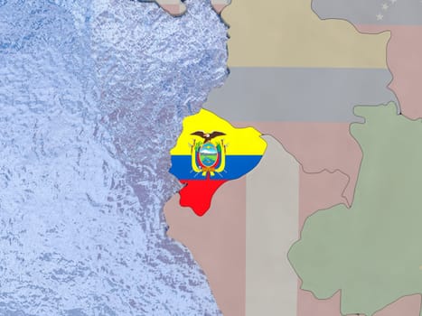 Map of Ecuador with national flag on political globe with realistic water. 3D illustration