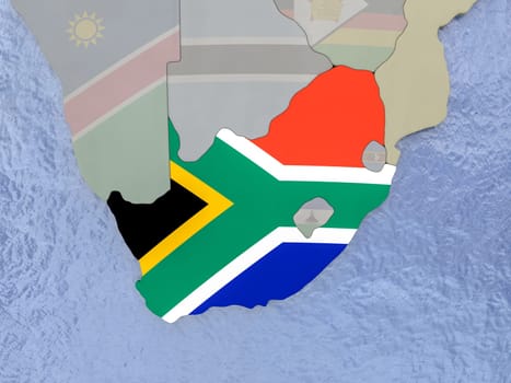 Map of South Africa with national flag on political globe with realistic water. 3D illustration