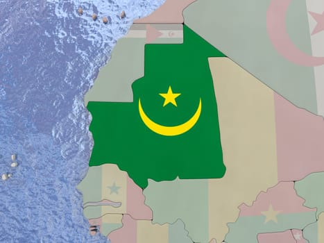 Map of Mauritania with national flag on political globe with realistic water. 3D illustration