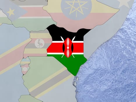 Map of Kenya with national flag on political globe with realistic water. 3D illustration