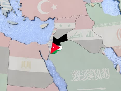 Map of Jordan with national flag on political globe with realistic water. 3D illustration
