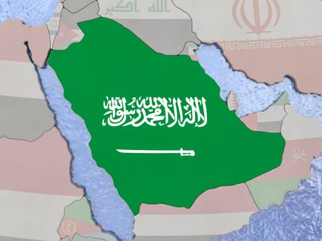 Map of Saudi Arabia with national flag on political globe with realistic water. 3D illustration