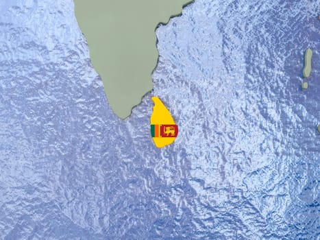 Map of Sri Lanka with national flag on political globe with realistic water. 3D illustration