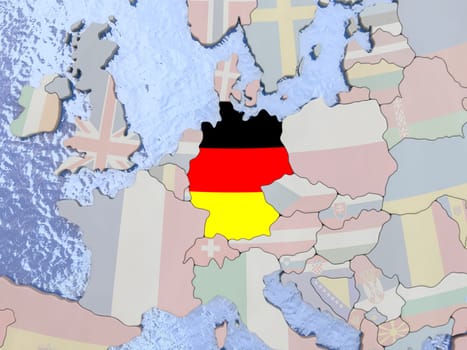 Map of Germany with national flag on political globe with realistic water. 3D illustration