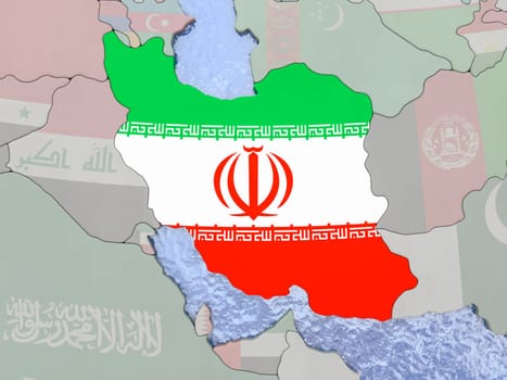 Map of Iran with national flag on political globe with realistic water. 3D illustration