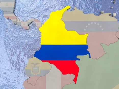 Map of Colombia with national flag on political globe with realistic water. 3D illustration