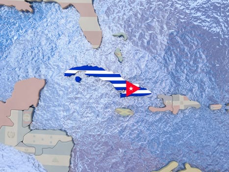 Map of Cuba with national flag on political globe with realistic water. 3D illustration