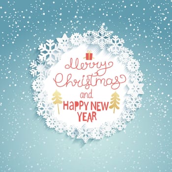 Christmas Greeting Card. Merry Christmas and happy new year lettering. Snowfall background.