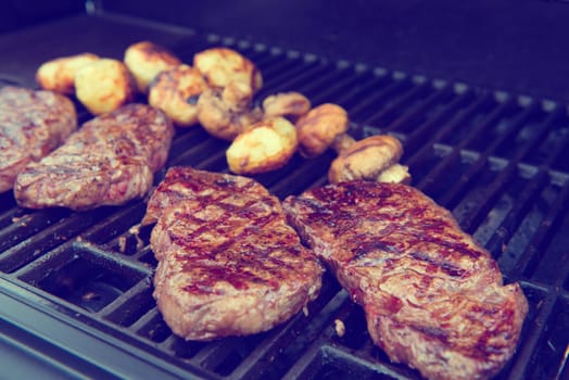 delicious grilled rump steak on barbecue