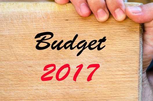 Human hand over wooden background and budget 2017 text concept