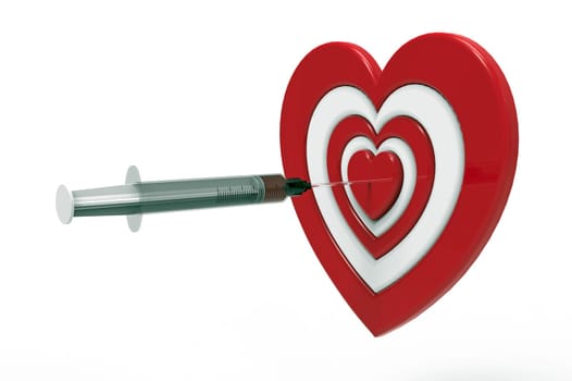 Heart shaped target and syringe, 3D rendering, on the white background