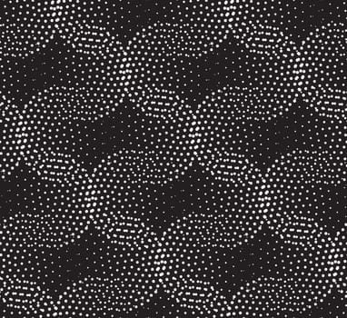 Vector geometric seamless pattern. Repeating abstract circles gradation in black and white. Modern halftone circle design, pointillism