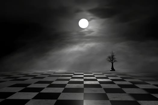 A striking black and white landscape features a solitary tree on a checkerboard floor, illuminated by a glowing moon, creating a surreal and atmospheric scene.