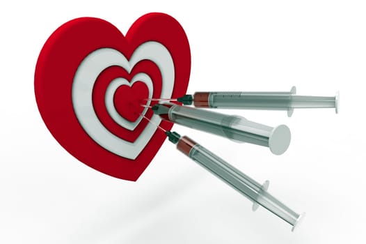 Heart shaped target and syringe, 3D rendering, on the white background