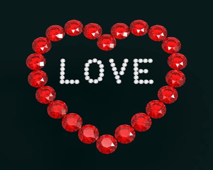 Heart of diamonds with word love, 3D rendering
